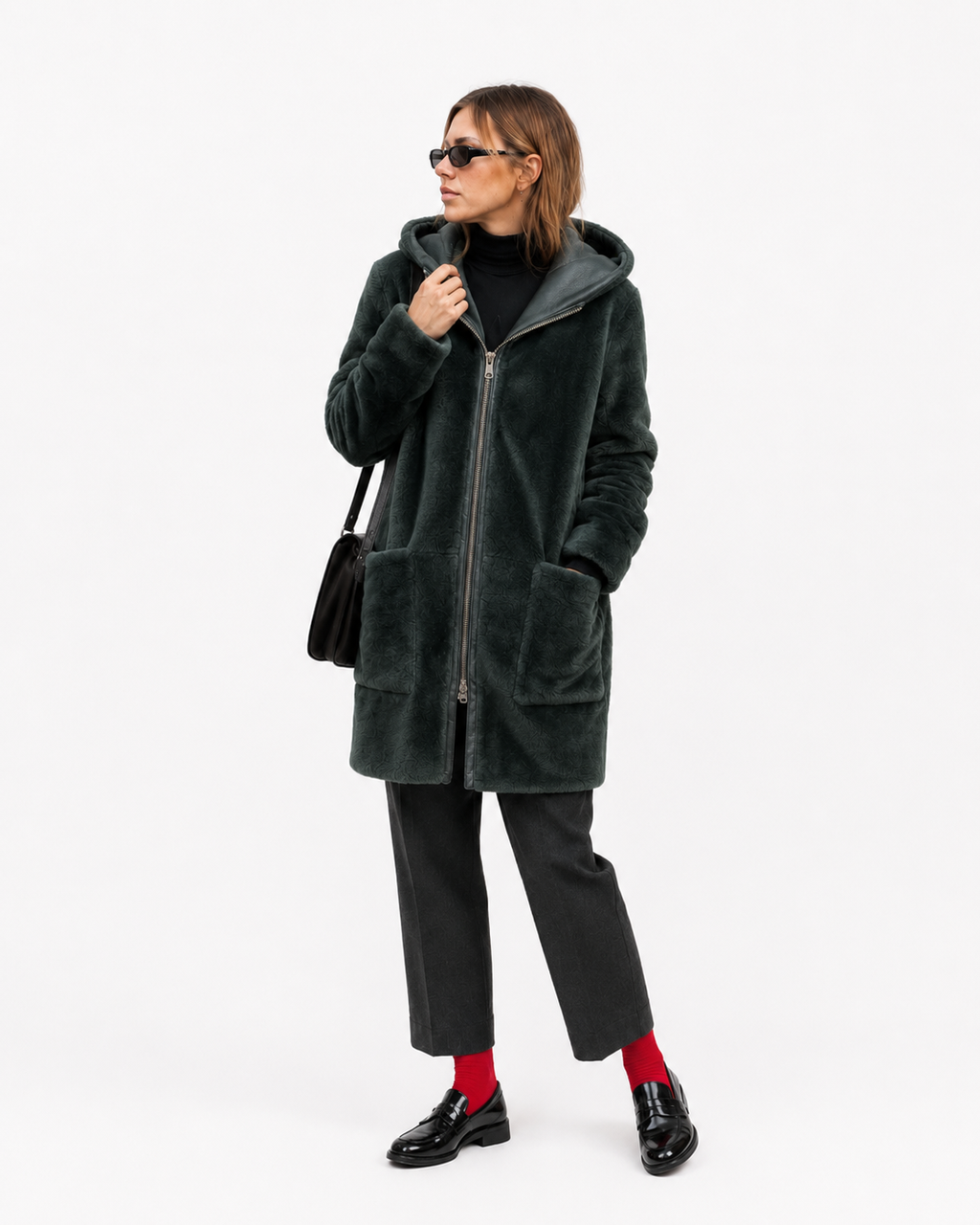 Sandro | Reversible Hooded Forest Green Leather Shearling Coat