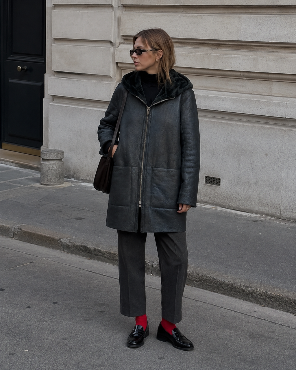 Sandro | Reversible Hooded Forest Green Leather Shearling Coat