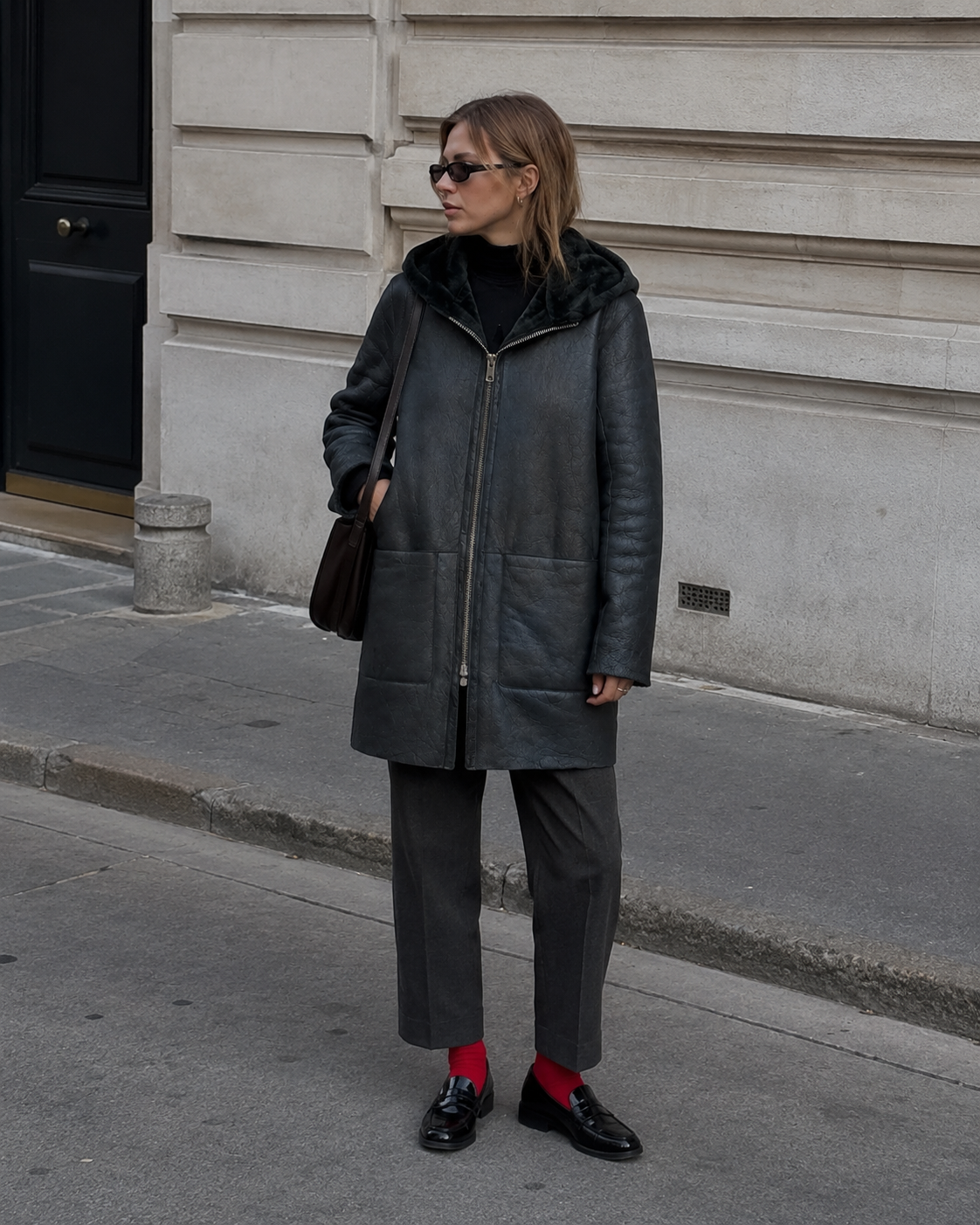 Sandro | Reversible Hooded Forest Green Leather Shearling Coat